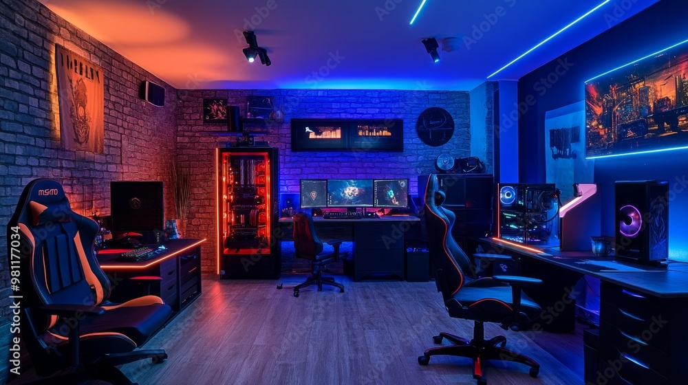 A stylish gaming room featuring custom-built PC towers, LED strips, and soundproof walls for immersive gaming. A stylish gaming room featuring custom-built PC towers, LED strips, and soundproof walls for immersive gaming.