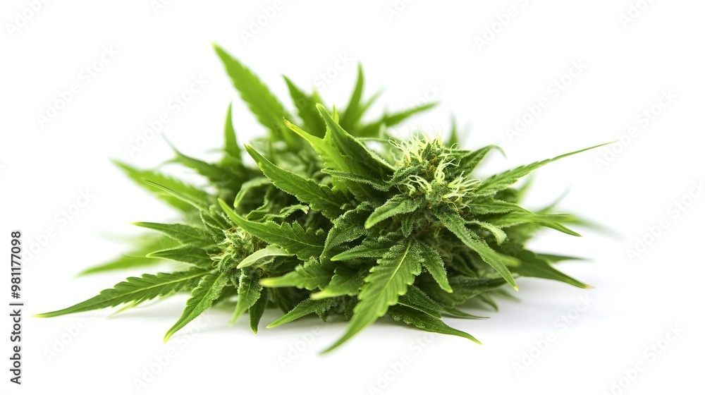 Close-up of Green Lush Cannabis or Marijuana Leaves on White Background Close-up of Green Lush Cannabis or Marijuana Leaves on White Background