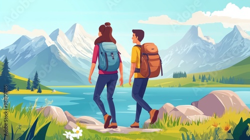 Young Woman and Man Couple Hiking in Mountains Flat Cartoon Vector Illustration. Friend Characters with Racksack in Journey with River or Lake on Background. Boy Looking ahead. Trip or Adventure. photo