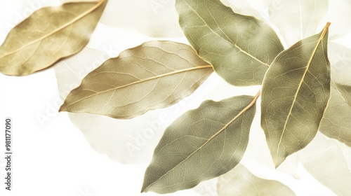 Close-up of dried bay leaves on a white background, showcasing their texture and natural color variations in detail. photo