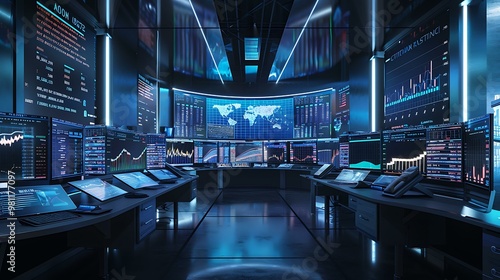 A futuristic financial trading room with multiple monitors displaying real-time stock market data and graphs, indicating a bullish trend