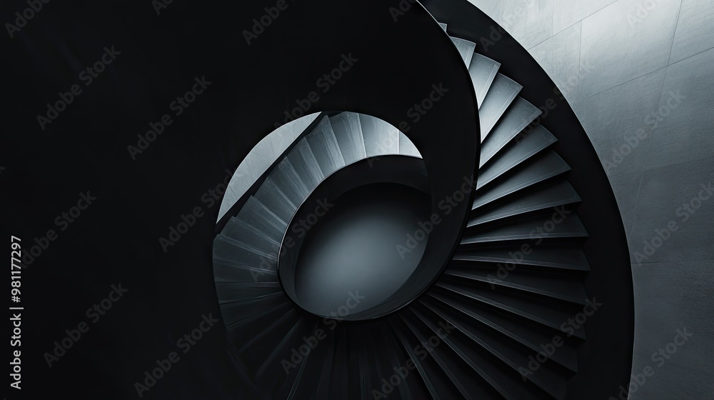 Fototapeta premium A black staircase spiraling upwards in a minimalist modern building, with shadows creating depth.