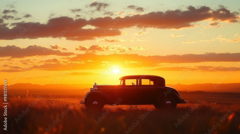 Fototapeta premium A dramatic image of a vintage western car at sunset, with the sun casting long shadows across the desert landscape. The car's silhouette stands out against the sky, with ample room for copy in the