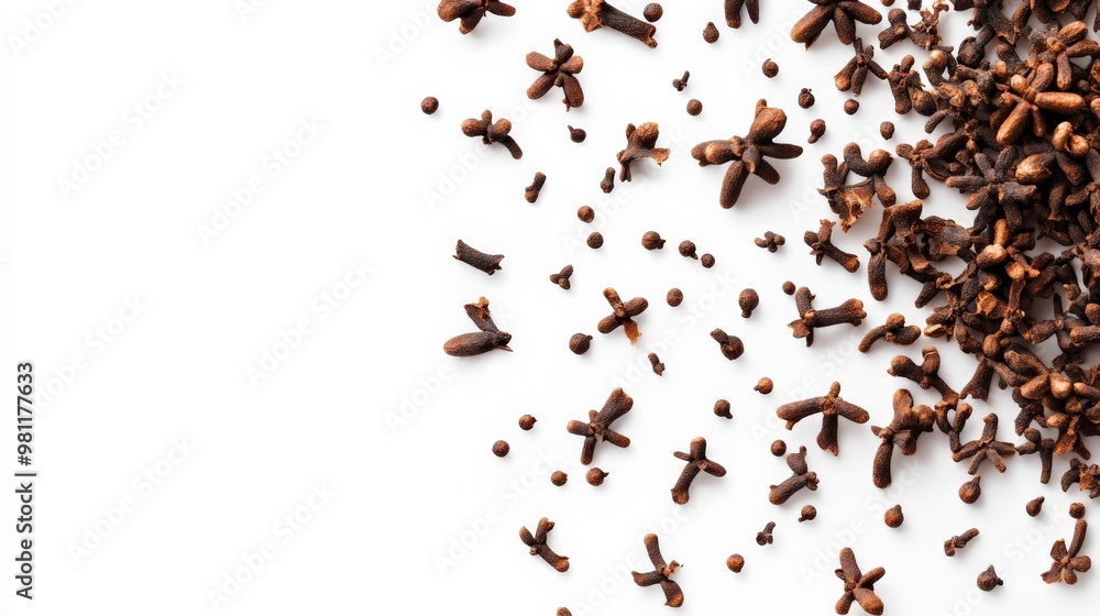 Close-up of dried cloves scattered on a white surface, representing a key spice in cooking and aromatic uses. Close-up of dried cloves scattered on a white surface, representing a key spice in cooking and aromatic uses.