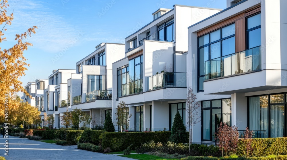 Contemporary white townhouse row with sharp edges and wide glass balconies in a modern urban district. Contemporary white townhouse row with sharp edges and wide glass balconies in a modern urban district.