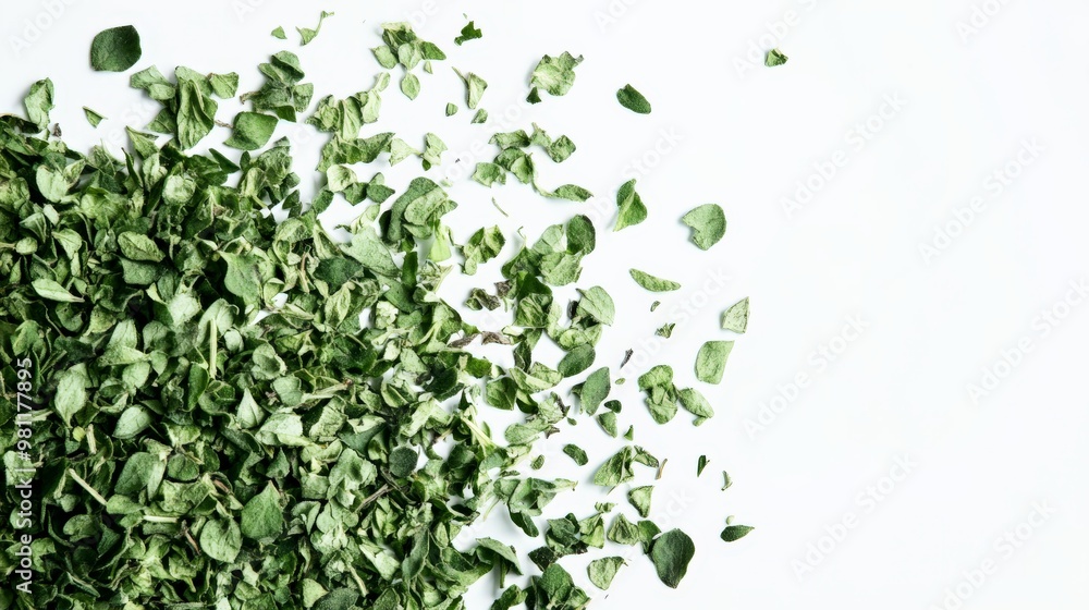 Close-up of dried green parsley herbs scattered on a white background. High-resolution stock photo for culinary and herb-related uses. Close-up of dried green parsley herbs scattered on a white background. High-resolution stock photo for culinary and herb-related uses.