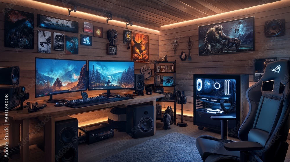 Cozy gaming room with wooden accents, mood lighting, and a powerful gaming PC setup for an inviting yet high-performance space. Cozy gaming room with wooden accents, mood lighting, and a powerful gaming PC setup for an inviting yet high-performance space.