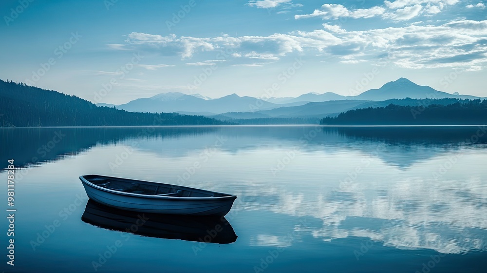 A calm blue lake reflecting the sky and mountains, with a small boat floating peacefully in the distance. A calm blue lake reflecting the sky and mountains, with a small boat floating peacefully in the distance.