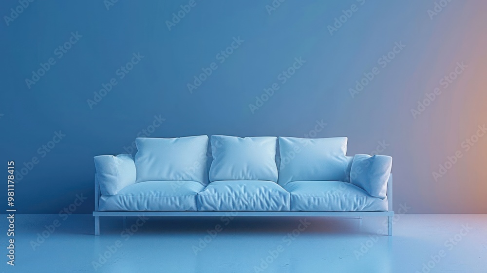 A white sofa in a minimalistic room with blue walls. A white sofa in a minimalistic room with blue walls.