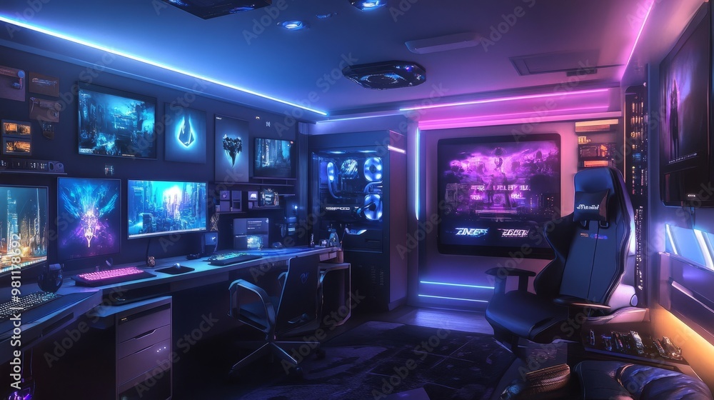 Futuristic gaming room design featuring wall-mounted PCs, floating desks, and vibrant LED lighting throughout the space. Futuristic gaming room design featuring wall-mounted PCs, floating desks, and vibrant LED lighting throughout the space.