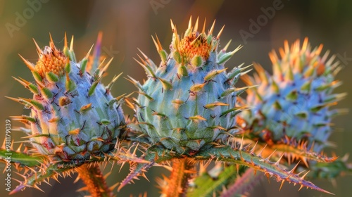 Three spiky, blue-green flower buds on a green stem with thorns, bathed in warm, golden sunlight. photo