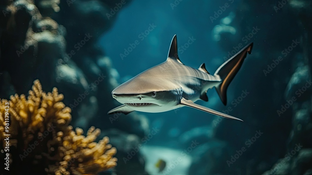 Obraz premium A close-up of a reef shark swimming, with its sharp fins and streamlined body visible as it glides over the reef.