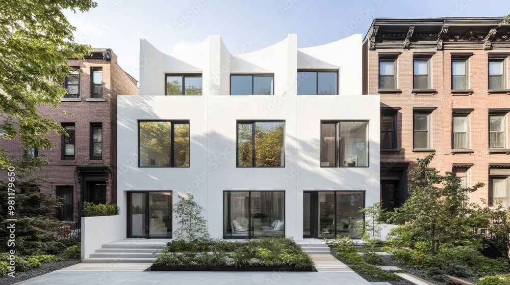 Minimalist white townhouse with geometric design and stylish outdoor terraces in a bustling city neighborhood. Minimalist white townhouse with geometric design and stylish outdoor terraces in a bustling city neighborhood.