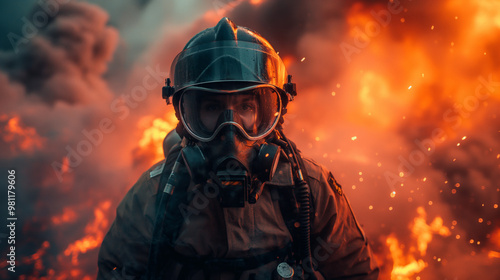 Firefighter in Action: A lone firefighter, clad in full protective gear and a gas mask, stands resolute against a backdrop of raging flames, showcasing bravery and resilience in the face of danger. Th