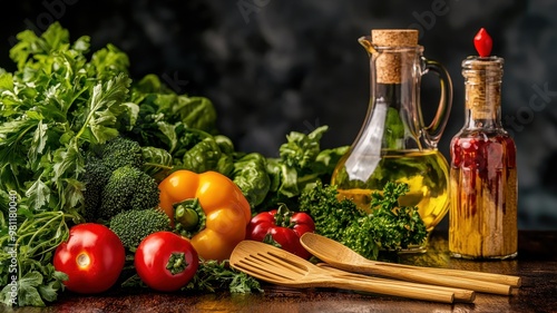 Fresh vegetables and herbs with olive oil and vinegar ready for delicious cooking and healthy meals.