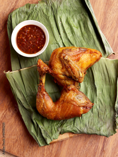 ayam goreng fried chicken indonesian homemade herbs asian plate cooking nasi food wood culinary hot photo