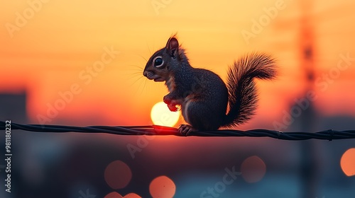 A small squirrel sits on a wire against a sunset.