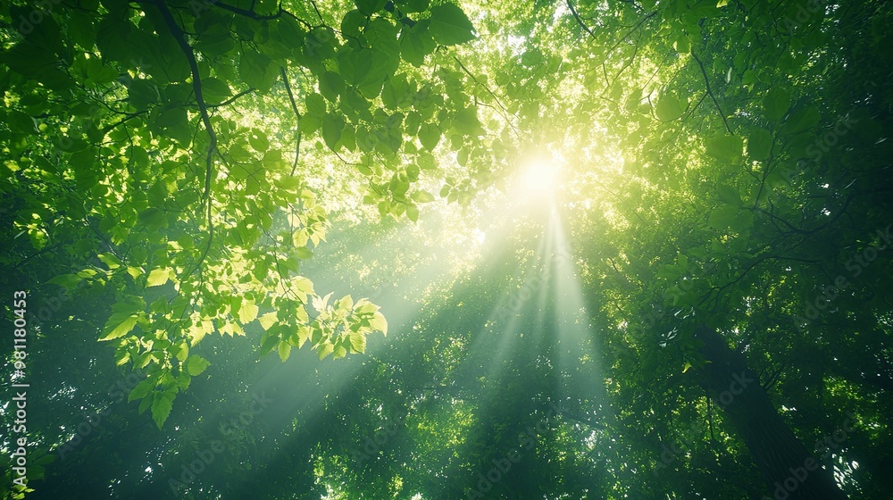 Sunbeams Shining Through Lush Green Forest Canopy Sunbeams Shining Through Lush Green Forest Canopy