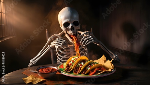 A skeletal figure feasting on a plate of Mexican food, with a haunting atmosphere, perfect for Day of the Dead photo