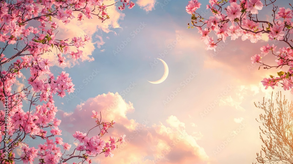clouds in the sky, pink flowers frame, crescent moon, sunset, beautiful, colorful, fantasy, surreal clouds in the sky, pink flowers frame, crescent moon, sunset, beautiful, colorful, fantasy, surreal