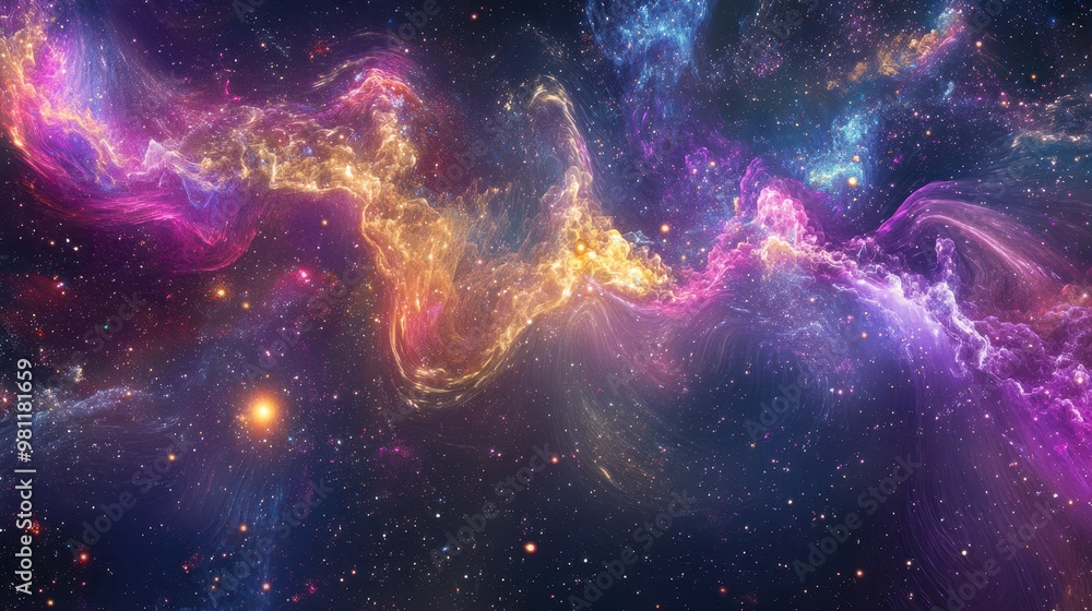 Celestial Canopy: Extraterrestrial Landscape with Swirling Space Elements and Shimmering Cosmic Dust Cascade Celestial Canopy: Extraterrestrial Landscape with Swirling Space Elements and Shimmering Cosmic Dust Cascade