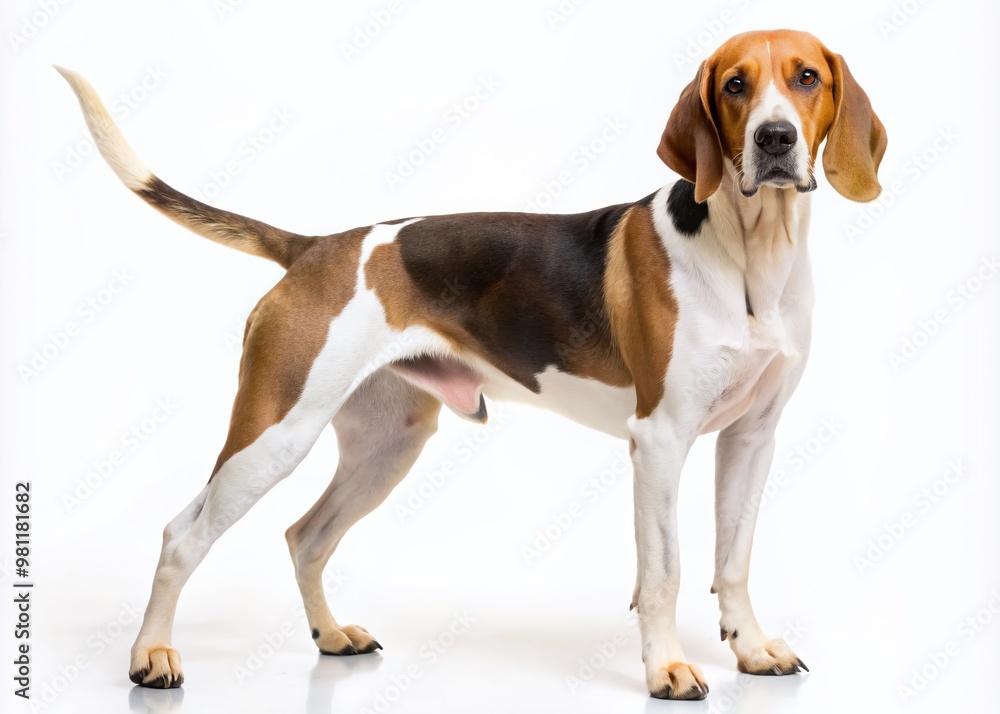 A handsome Treeing Walker Coonhound dog stands proudly against a pure white background, showcasing its distinctive coat patterns and friendly, curious expression. A handsome Treeing Walker Coonhound dog stands proudly against a pure white background, showcasing its distinctive coat patterns and friendly, curious expression.