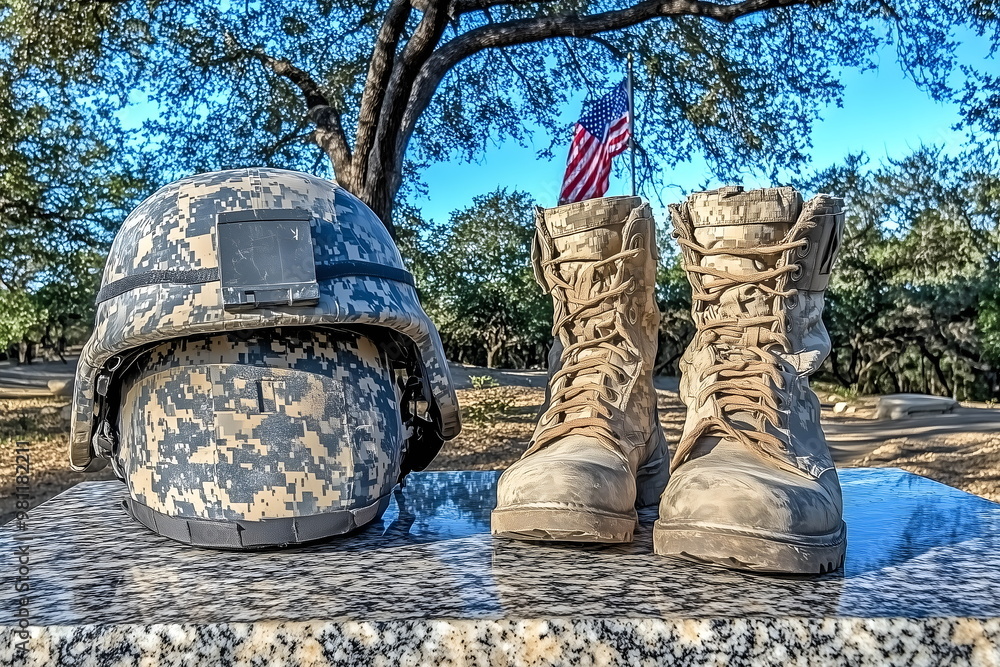 A military helmet and boots placed on a granite memorial stone with an ...