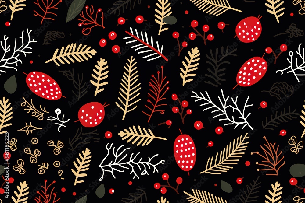 Naklejka premium Christmas Seamless Pattern. Coniferous branches, cones, red artificial berries, thuja branches. Pattern for wrapping paper, greeting cards, invitations, fabric, prints.
