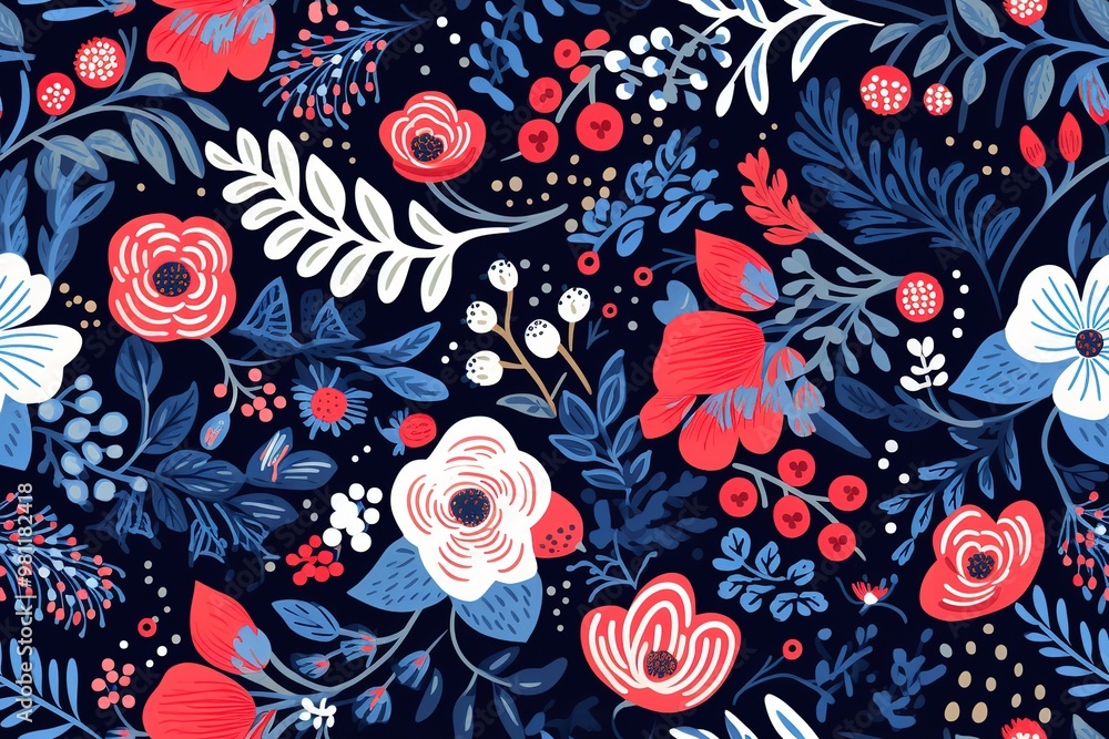 Naklejka premium Christmas Seamless Pattern. Coniferous branches, cones, red artificial berries, thuja branches. Pattern for wrapping paper, greeting cards, invitations, fabric, prints.