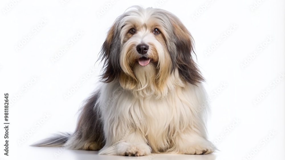 Adorable Polish Lowland Sheepdog with fluffy coat and curved tail sits alone on a pure white background, showcasing its unique features and gentle expression.