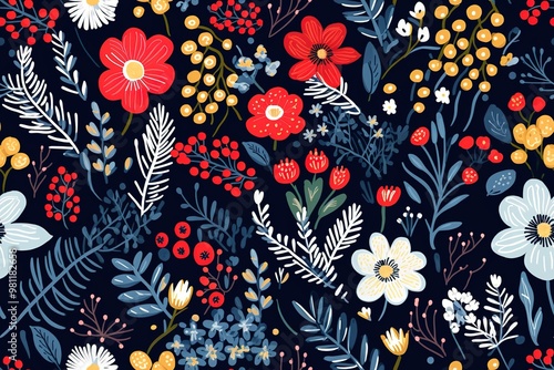 Wallpaper Mural Christmas Seamless Pattern. Coniferous branches, cones, red artificial berries, thuja branches. Pattern for wrapping paper, greeting cards, invitations, fabric, prints. Torontodigital.ca