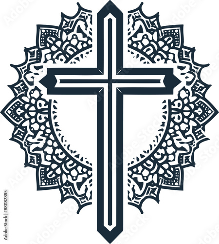 Symmetrical cross with emphasis on decorative elements and patterns around the stencil design