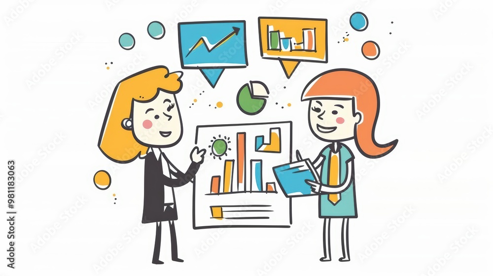 A cute cartoon of business people discussing financial strategies A cute cartoon of business people discussing financial strategies