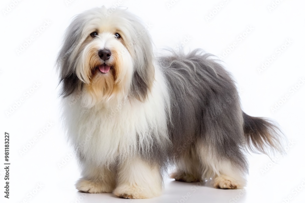 Fluffy Old English Sheepdog with shaggy grey and white fur stands confidently on a pristine white background, showcasing its majestic and dignified presence. Fluffy Old English Sheepdog with shaggy grey and white fur stands confidently on a pristine white background, showcasing its majestic and dignified presence.