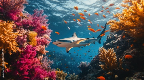 A reef shark swimming alongside a school of small fish, with the bright coral reef creating a colorful backdrop.