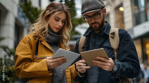 Couple Using Tablet Together on City Street in Winter