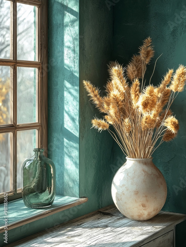 Dried flowers in a vase, sitting on a window sill.
