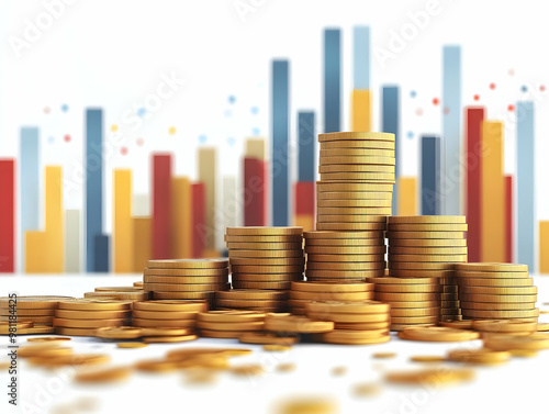 Flat Fundraising Graph Rising from Digital Coins in Simple Vector Illustration | Growth and Success with Soft Bokeh Background