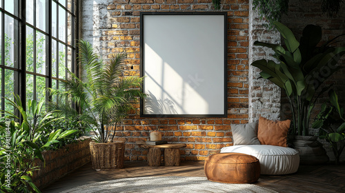 A large blank canvas hangs on a brick wall in a modern loft space.
