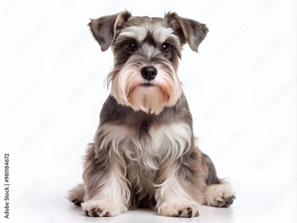 Adorable miniature schnauzer dog with salt and pepper fur sits isolated on a pure white background, tilting its head in confusion, its eyes wide with curiosity. Adorable miniature schnauzer dog with salt and pepper fur sits isolated on a pure white background, tilting its head in confusion, its eyes wide with curiosity.