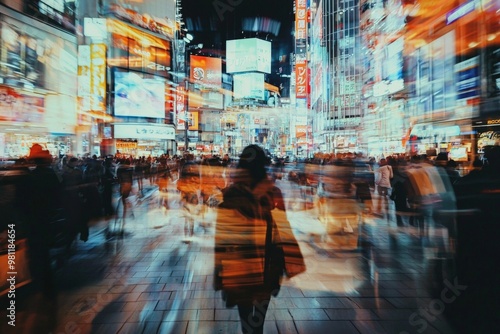 A person in a crowded shopping district, bombarded by advertisements and sales promotions, trying to navigate through the sensory barrage. photo