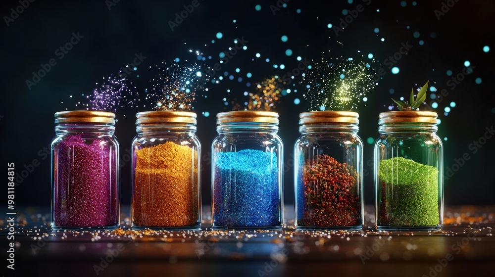 Colorful jars filled with vibrant powders, capturing a magical burst of colors and textures in a mesmerizing display. Colorful jars filled with vibrant powders, capturing a magical burst of colors and textures in a mesmerizing display.