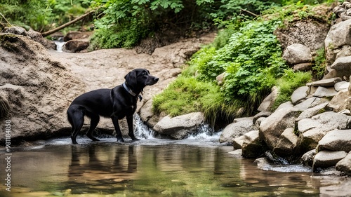 dog drinking the water at stream photo