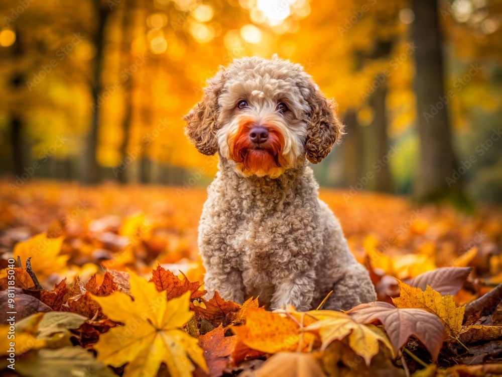 Adorable Lagotto Romagnolo dog surrounded by vibrant autumn leaves, sitting comfortably in a crunchy pile, enjoying the cozy atmosphere of the fall season. Adorable Lagotto Romagnolo dog surrounded by vibrant autumn leaves, sitting comfortably in a crunchy pile, enjoying the cozy atmosphere of the fall season.