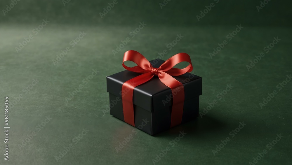 Black matte gift box with a glossy red ribbon against a green background. Black matte gift box with a glossy red ribbon against a green background.