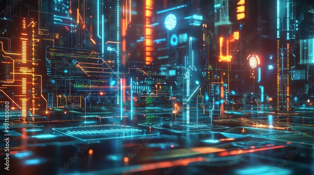 custom made wallpaper toronto digitalFuturistic digital landscape featuring vibrant neon lights and intricate circuit patterns, ideal for technology and science fiction concepts.