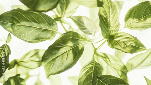 Close-up of green basil leaves with vivid details, capturing the freshness and vibrant colors of the plant on a light background.