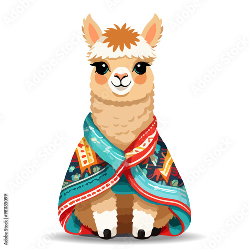 Cute Llama or Wooly Alpaca Character with colorful blanket in trendy cartoon style isolated on white background. 