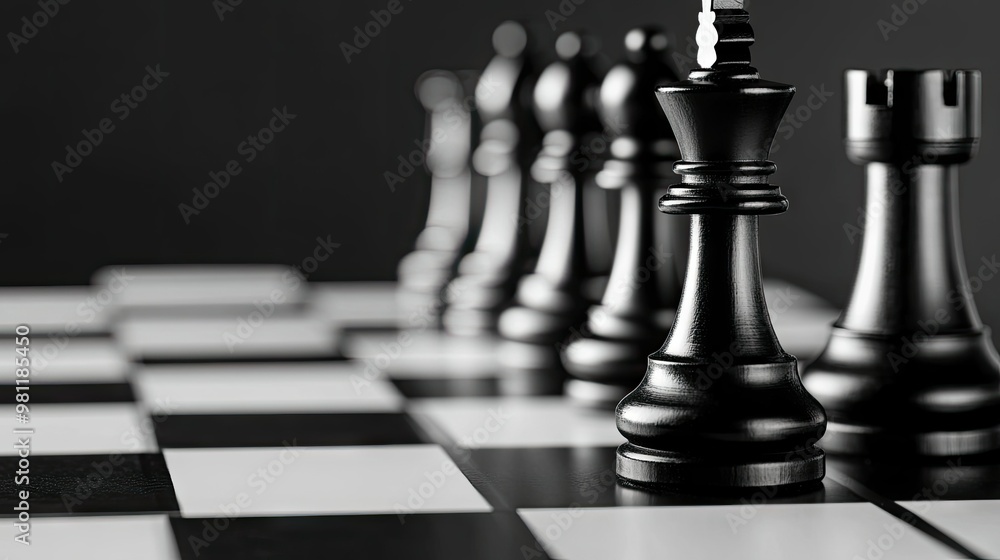 Black chess pieces arranged strategically on a sleek black and white board. Black chess pieces arranged strategically on a sleek black and white board.