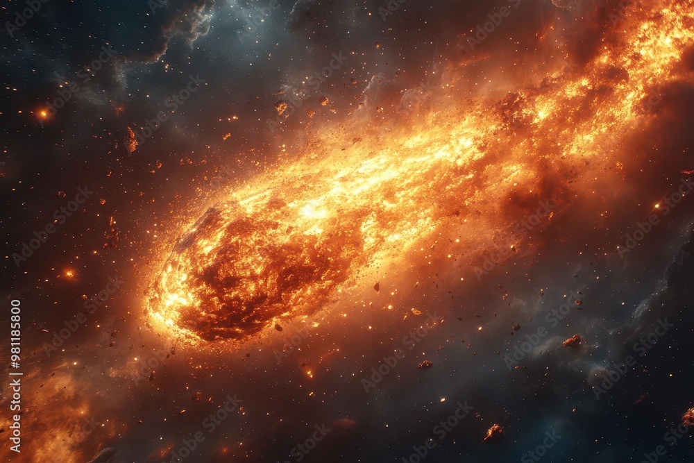 spectacular cosmic scene of a blazing meteorite hurtling through space fiery explosion debris and swirling lava create a dynamic composition against a starry galactic background spectacular cosmic scene of a blazing meteorite hurtling through space fiery explosion debris and swirling lava create a dynamic composition against a starry galactic background